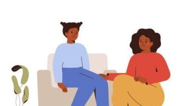 Mother supports her sad daughter. Depressed girl talks with her parent. School child shares her mental problems with her mom. Mental health and psychological help concept. Vector illustration